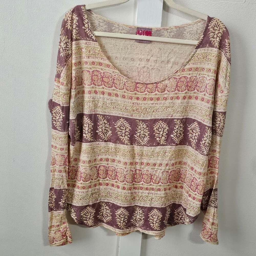 Free People XS Boho Floral Print Long Sleeve Top Scoop Neck Cottagecore